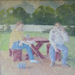 Beers at the Picnic Table, 1996, venetian stucco on canvas, 122cm x 122cm